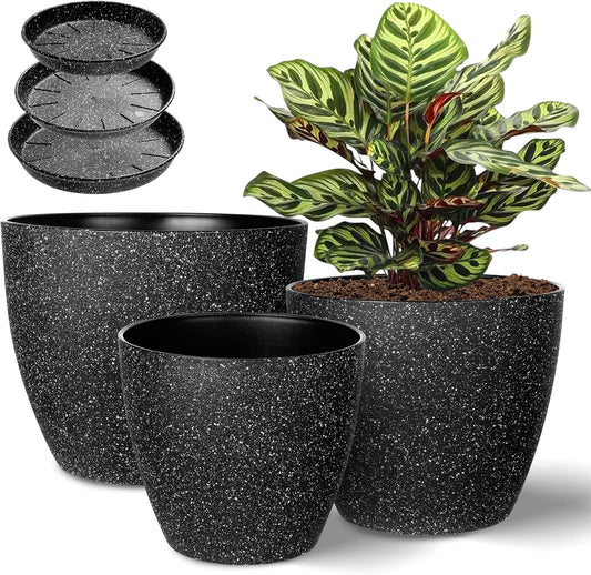 Vanavazon Plant Pots 9/8/7 Inch Set of 3 Flower Pots Indoor Outdoor Plastic Planters with Drainage Hole and Tray (Speckled Black)