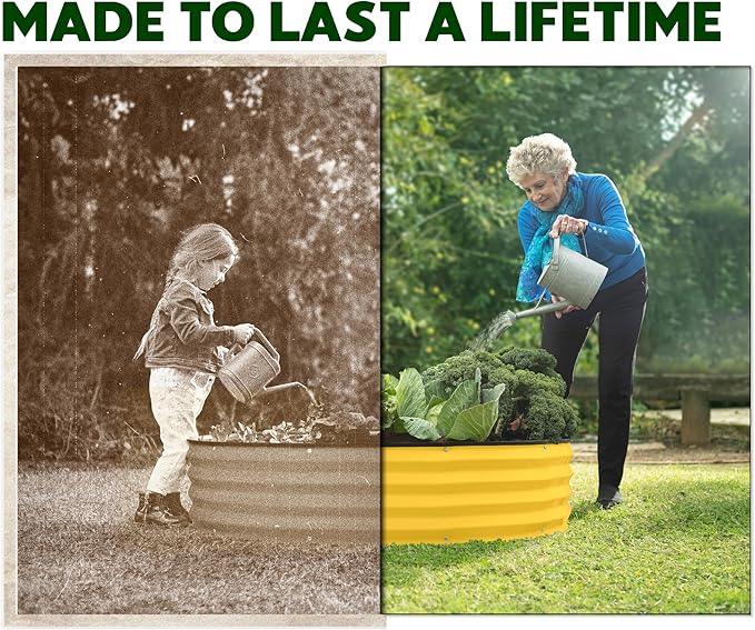 Round Galvanized Raised Garden Bed // 4×4×1 ft Galvanized Raised Garden Beds Outdoor for Gardening, Vegetables, Flowers // Patented Tool-Free Design Round Planter (Yellow)