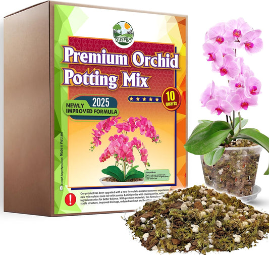 [Upgraded] DUSPRO Orchid Potting Mix for Repotting with Forest Moss, Pine Bark, Perlite & Pumice, Orchid Bark Potting Mix, Orchid Repotting Soil, Drainage Indoor Potting, Orchid Pot Not Included, 10QT