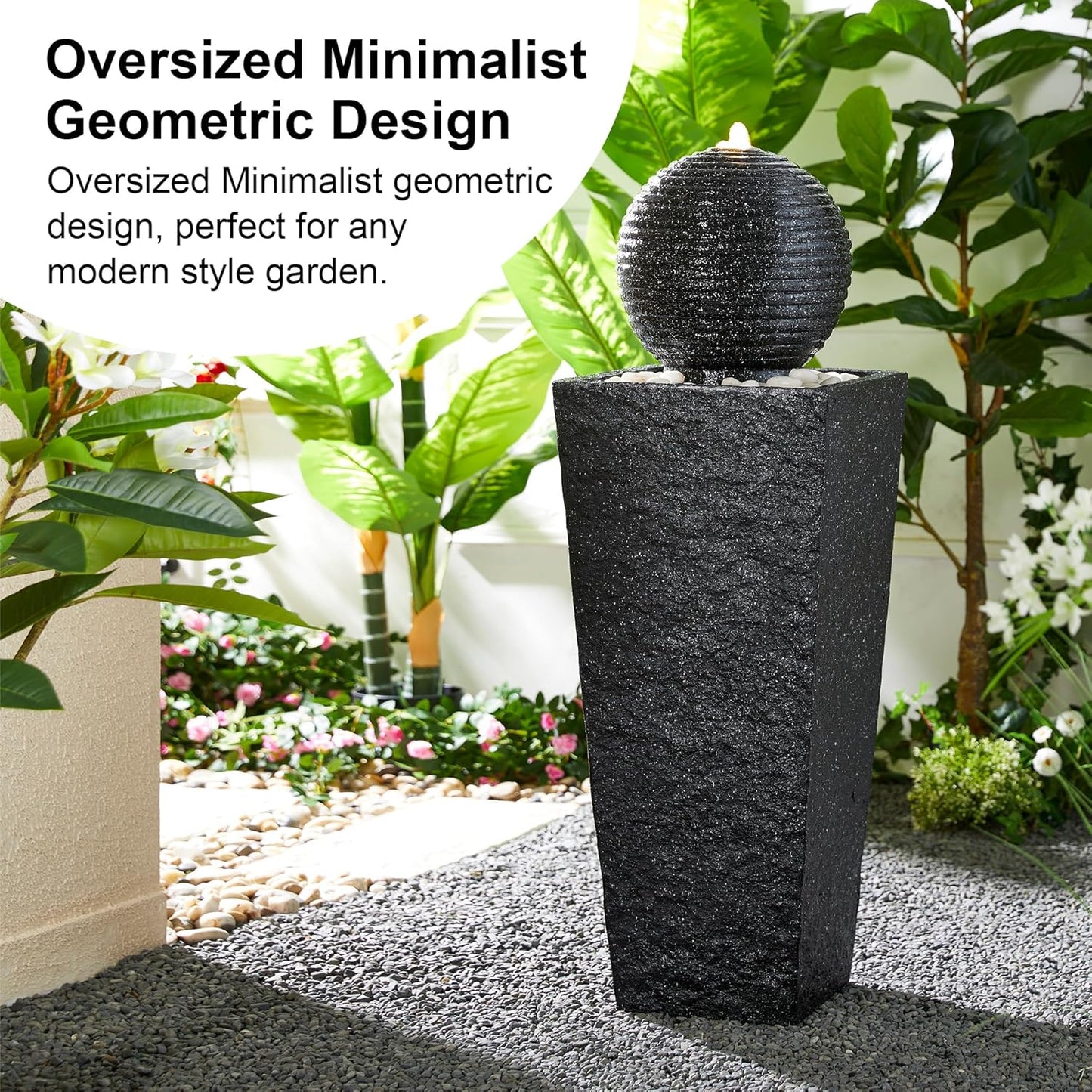Glitzhome Outdoor Water Fountain with LED Light, Oversized Decorative Black Pedestal Water Fountains with Submersible Pump, Modern Sphere Floor Fountain with Pebbles for Garden Patio Decor, 40.75”H
