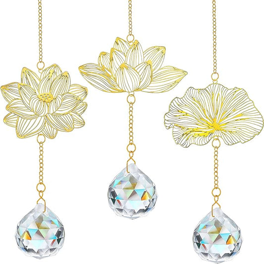 H&D HYALINE & DORA Suncatchers Lotus Leaf Pendant with Crystal Prisms Window Hang Sun Catcher Ornament Rainbow Maker for Home Garden Rearview Mirror Charms, Pack of 3