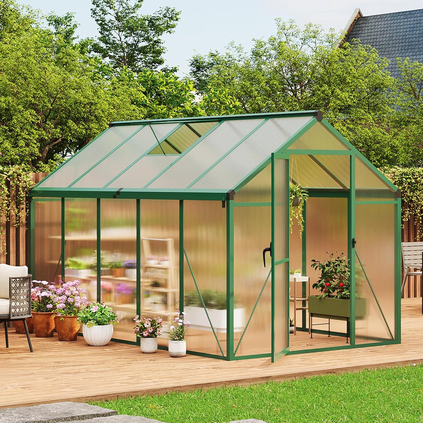 6x10 FT Greenhouse, Easy Assembly Aluminum Polycarbonate Greenhouses for Outdoors with Roof Vent and Ground Nails, Heavy Duty Aluminum Walk-in Greenhouse for Backyard, Sliding Lockable Door, Green
