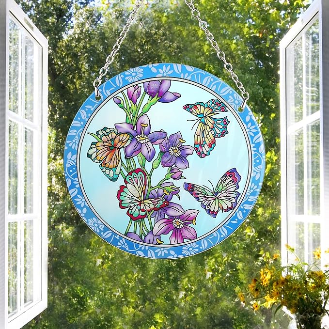Butterfly Stained Glass Window Hanging - Butterfly Gifts for Women, Birds Suncatchers for Windows - Birds Window Hangings with Chain and Hook, 6 inch Stained Glass Suncatcher for Mom