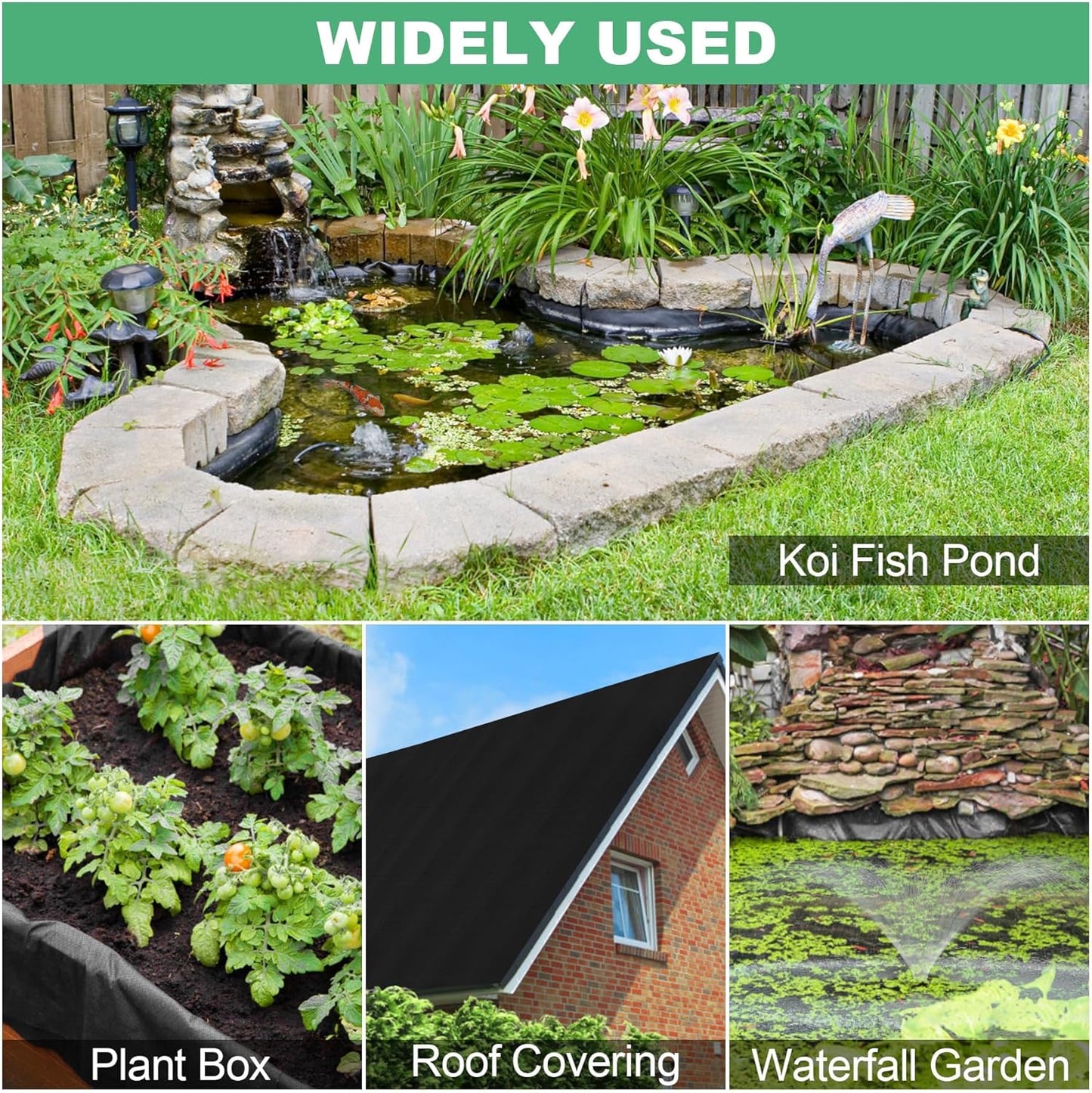 MYFAMIREA 20 x 20FT Pond Liner, 28Mil PE Preformed Pond Liner with 16 Hemmed Edge Buttonholes Sun Resistant Easy Cutting for Outdoor Ponds, Fish Koi Ponds, Garden Fountain, Waterfall Ponds