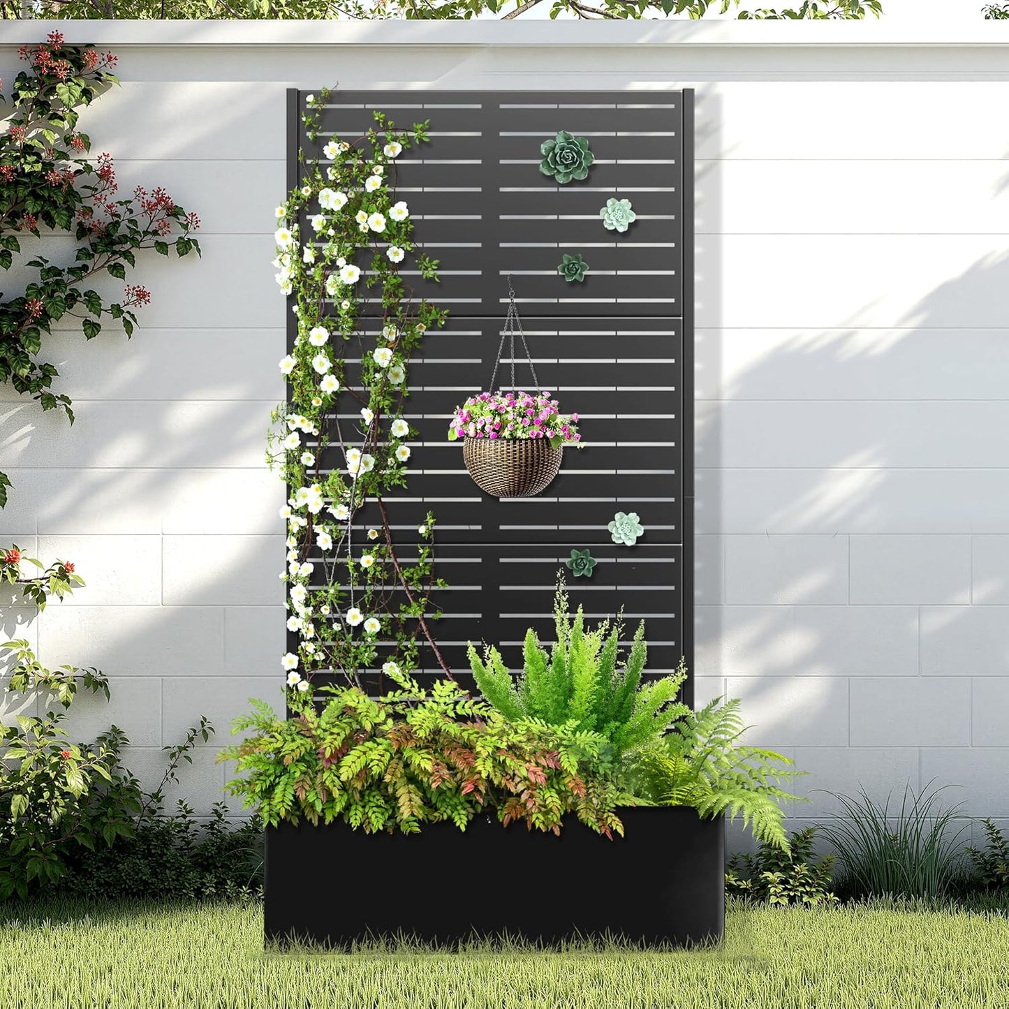 Metal Raised Garden Bed with Trellis, 2 in 1 Trellis with Planter Box & Privacy Screen for Climbing Plants, Vine, Outdoor Standing Flower Beds with Drainage Holes, 35.4"L x 15.7"W x 70.9"H, Black