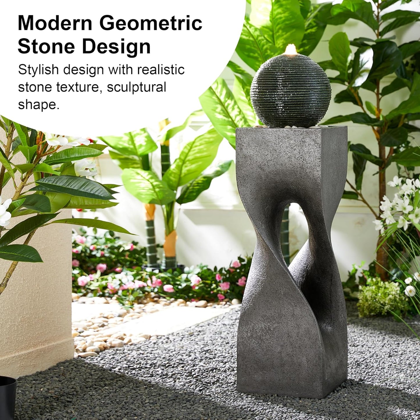 Glitzhome Modern Geometric Outdoor Water Fountain with LED Light, Oversized Pedestal Water Fountains with Submersible Pump, Sphere Floor Standing Fountain with Pebbles for Garden Patio Decor, 40.5”H