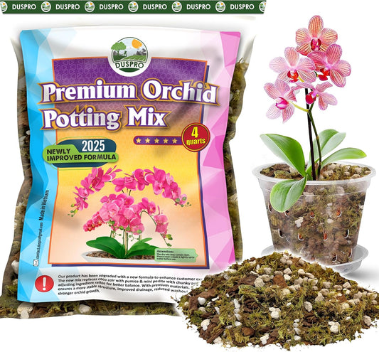 [Upgraded] DUSPRO Orchid Potting Mix for Repotting with Forest Moss, Pine Bark, Perlite & Pumice, Orchid Bark Potting Mix,Orchid Repotting Soil, Drainage Indoor Potting, Orchid Pot Not Included, 4 QT