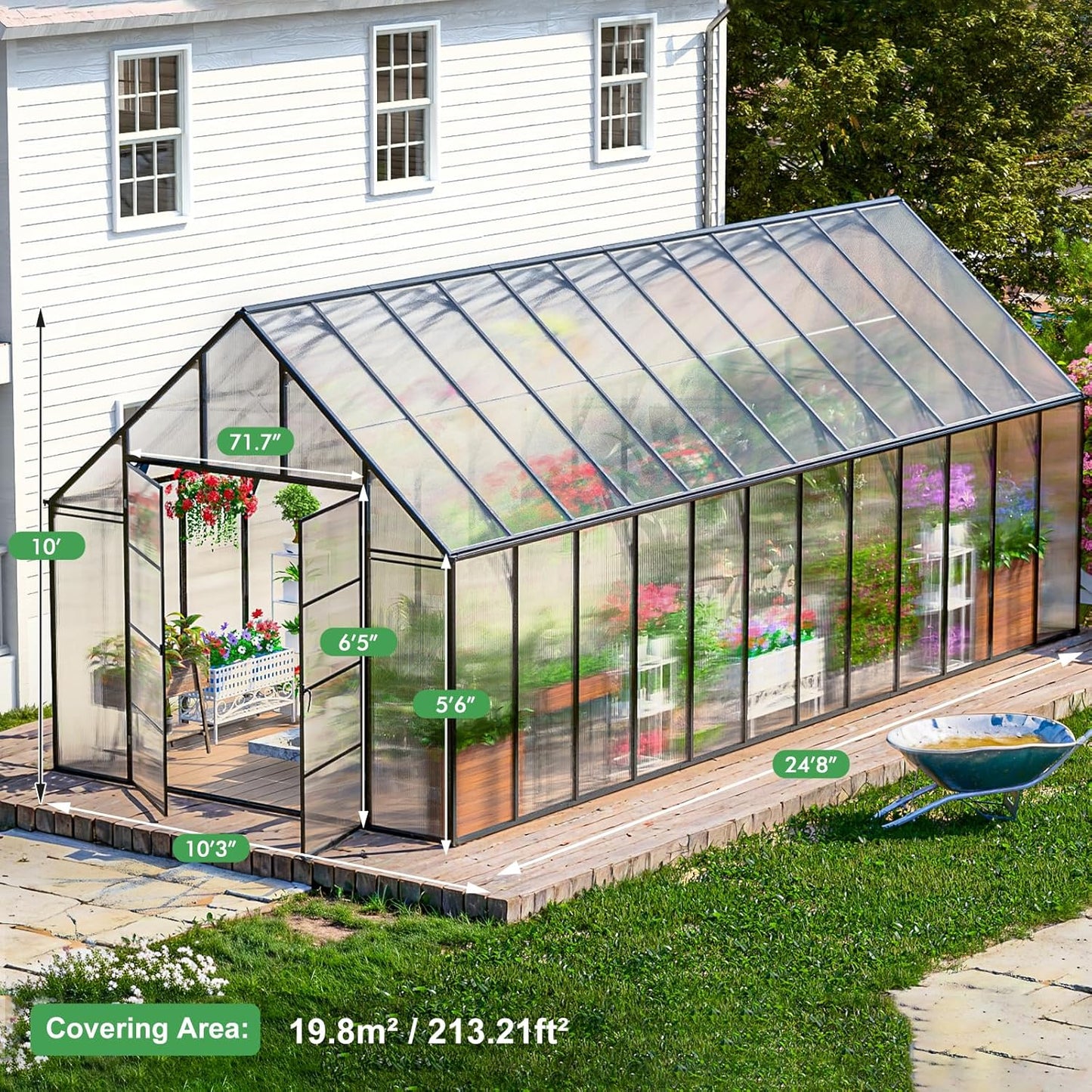 CDCASA 24x10x10 FT Greenhouse for Outdoors, Large Thicker Aluminum Heavy Duty Polycarbonate Greenhouses Kit w/5 Vent Windows, Swing Door, Walk-in Green House for Sunroom Patio,Backyard