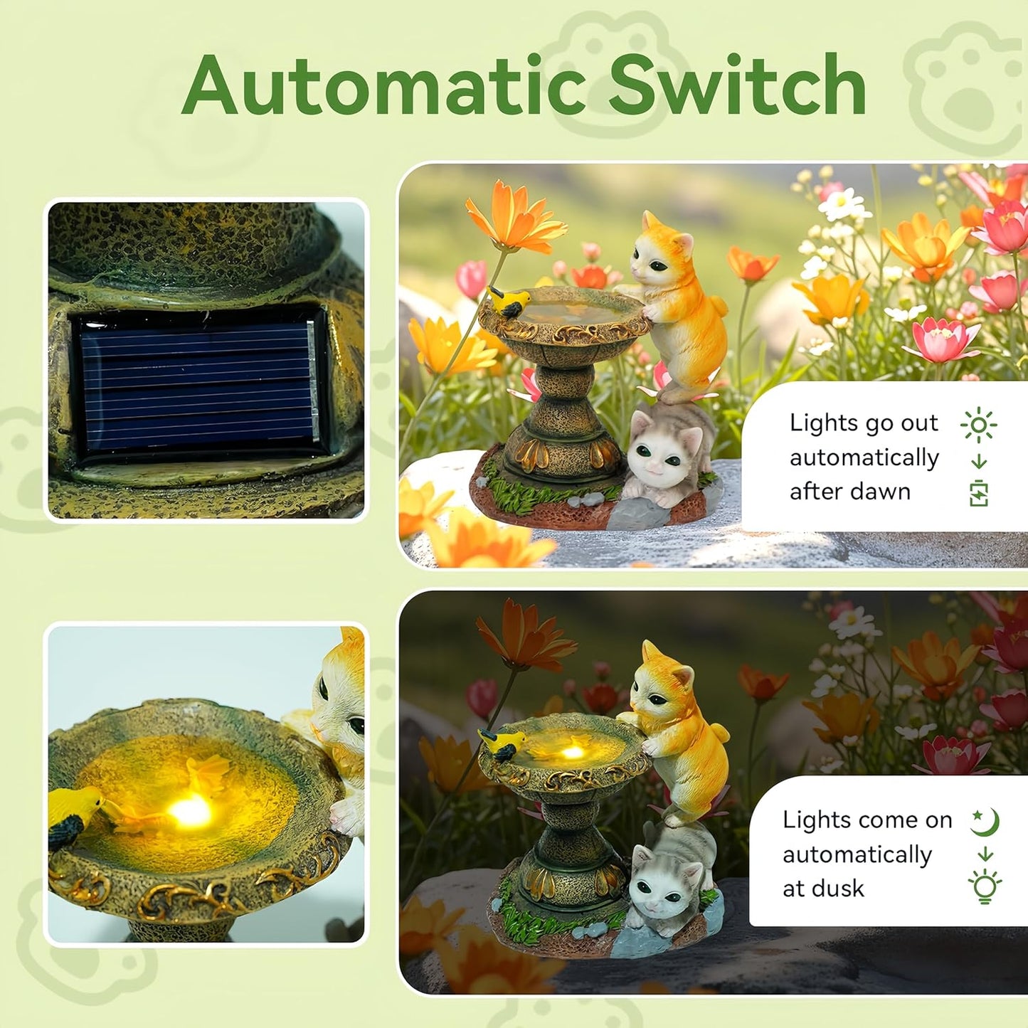 Solar Two Kittens Garden Statues with LED Lights, Outdoor Decor for Patio Yard Balcony - Unique Housewarming Birthday Gifts for Women Mom Grandma