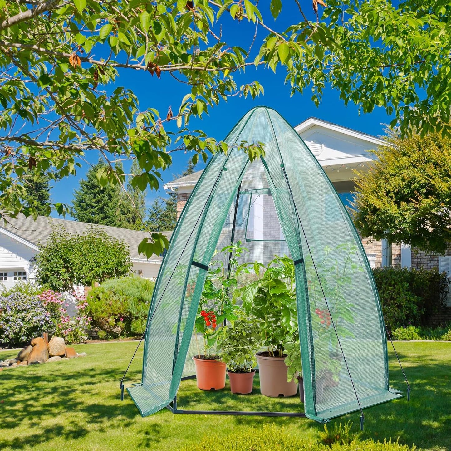 Portable Plant Protector from Animals, Ohuhu Greenhouse for Outsides with Durable PE Cover, Heavy Duty Green House with Zippered Door Mesh Window for Vegetables Flowers Fruits Herbs, 63x54x71 Inch
