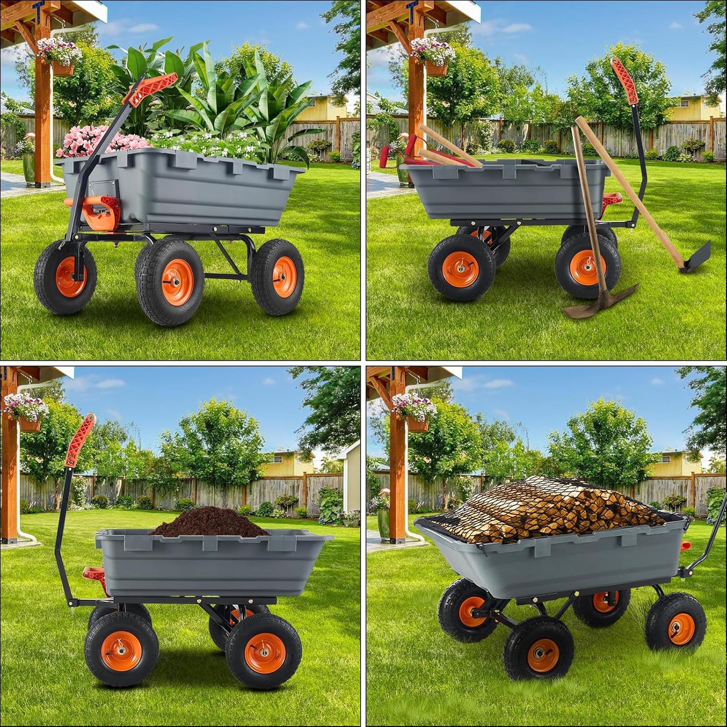 Garden Dump Cart, Poly Yard Dump Cart Wagon with 10-Inch Tires, 180° Rotating Handle, Heavy Duty Garden Carts and Wagons Heavy Duty