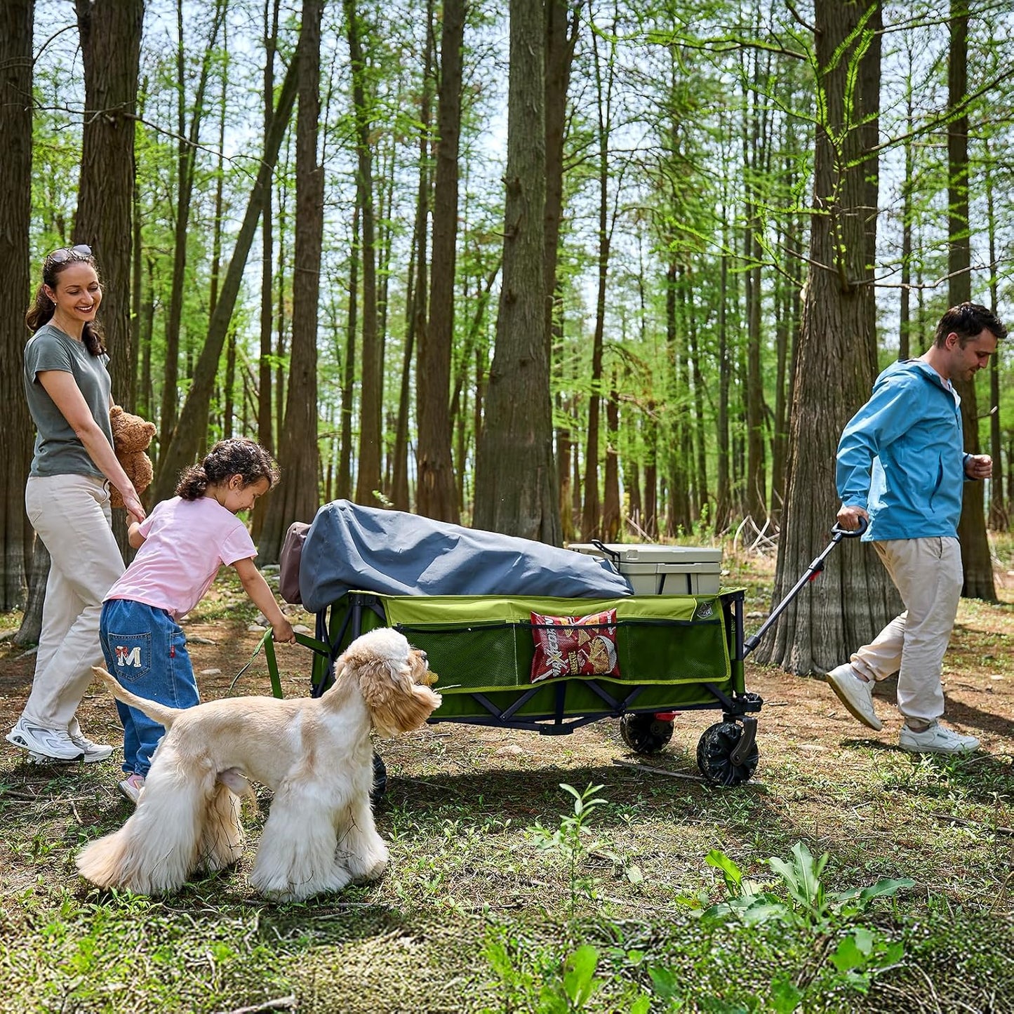Timber Ridge 51.2'' Extended Collapsible Wagon Cart with Brakes and Cargo Net, Heavy Duty Foldable Utility Wagon with Adjustable Handle, 400L Capacity Portable Cart for Camping Sports Shopping