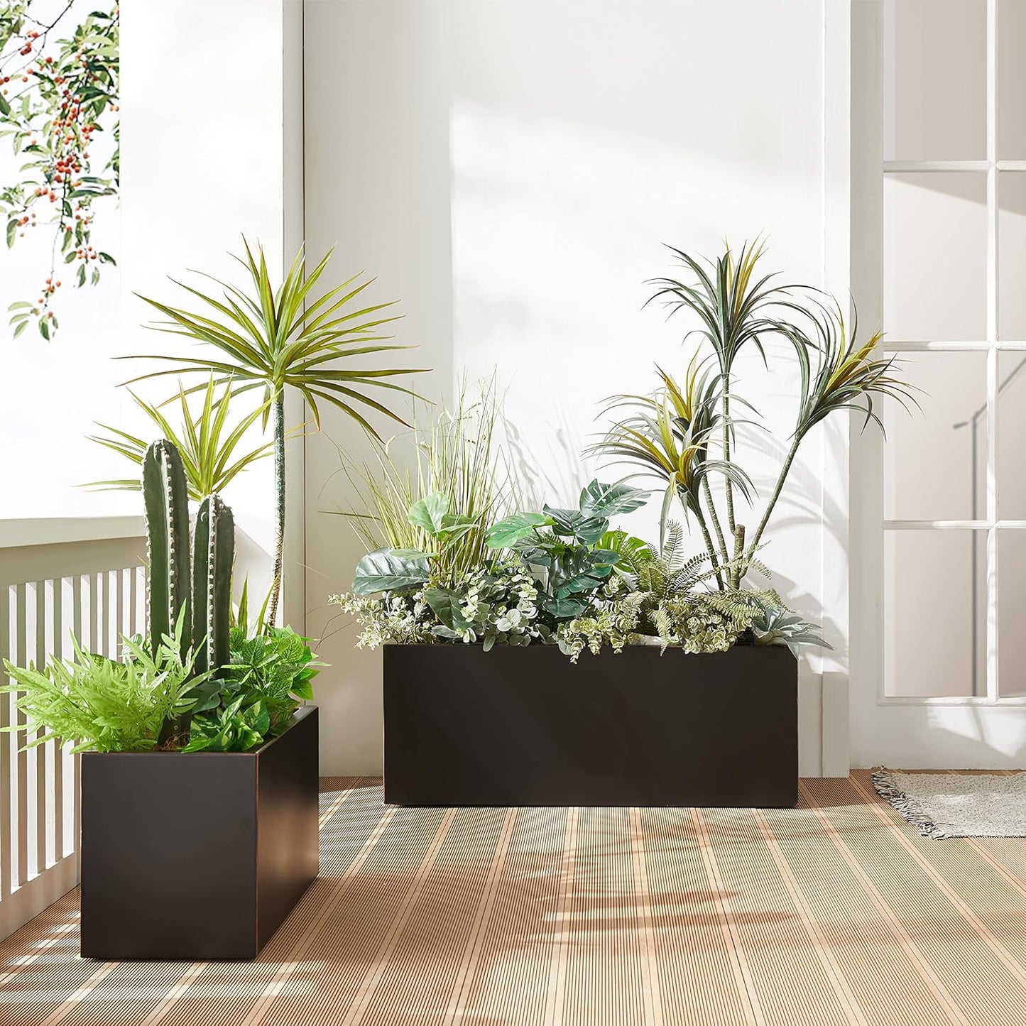 Metallic Heavy Long and Large Outdoor/Indoor Planter, Rectangular Trough Planter Box, 38”Lx15”Wx15”H, 40Pounds, Black with Hand Brushed Gold Edge, No Assemble and Seamless