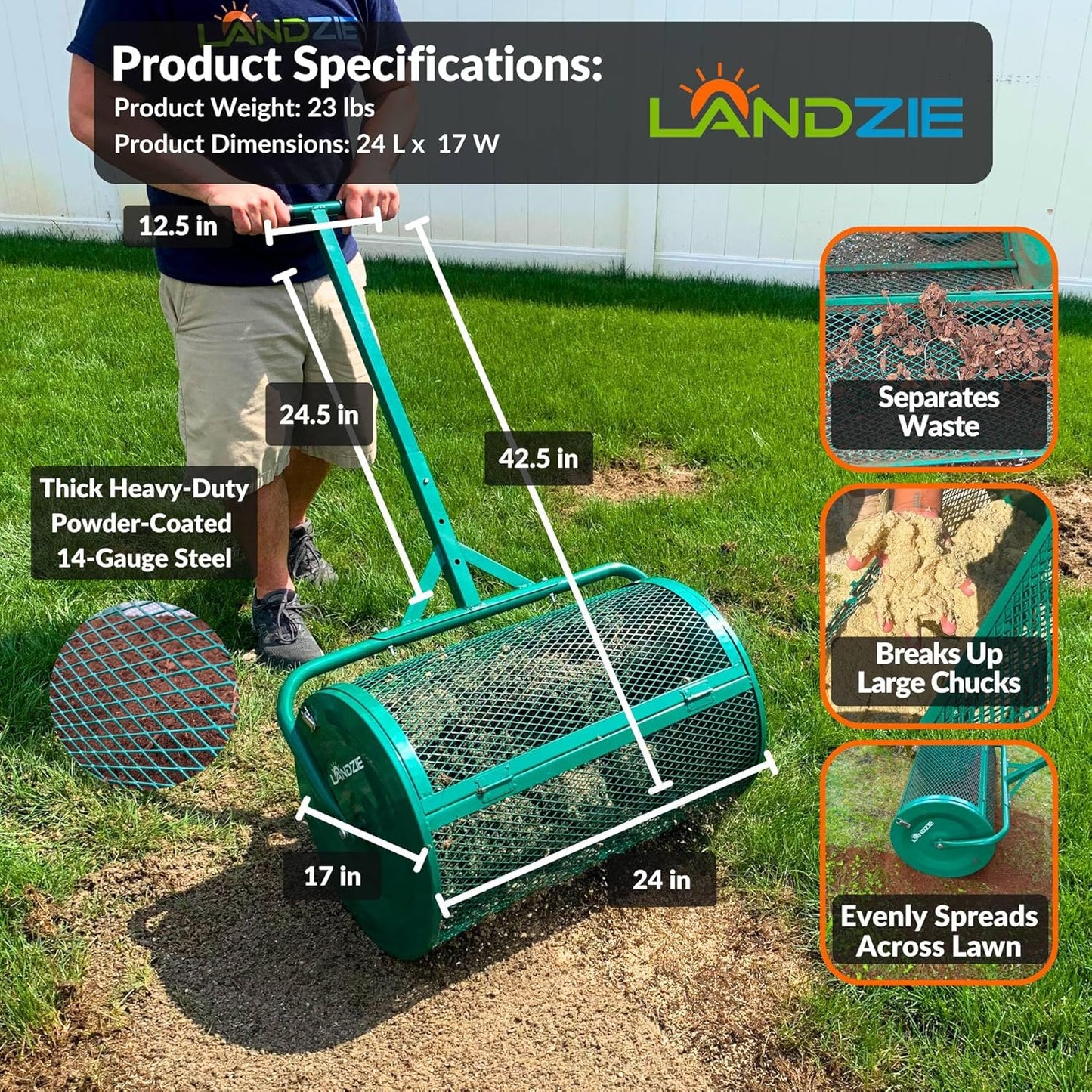 LANDZIE - The Original 24 Inch Compost and Peat Moss Spreader Roller - Top Soil, Sand, Manure, Mulch, Top Dressing Lawn and Garden Spreader