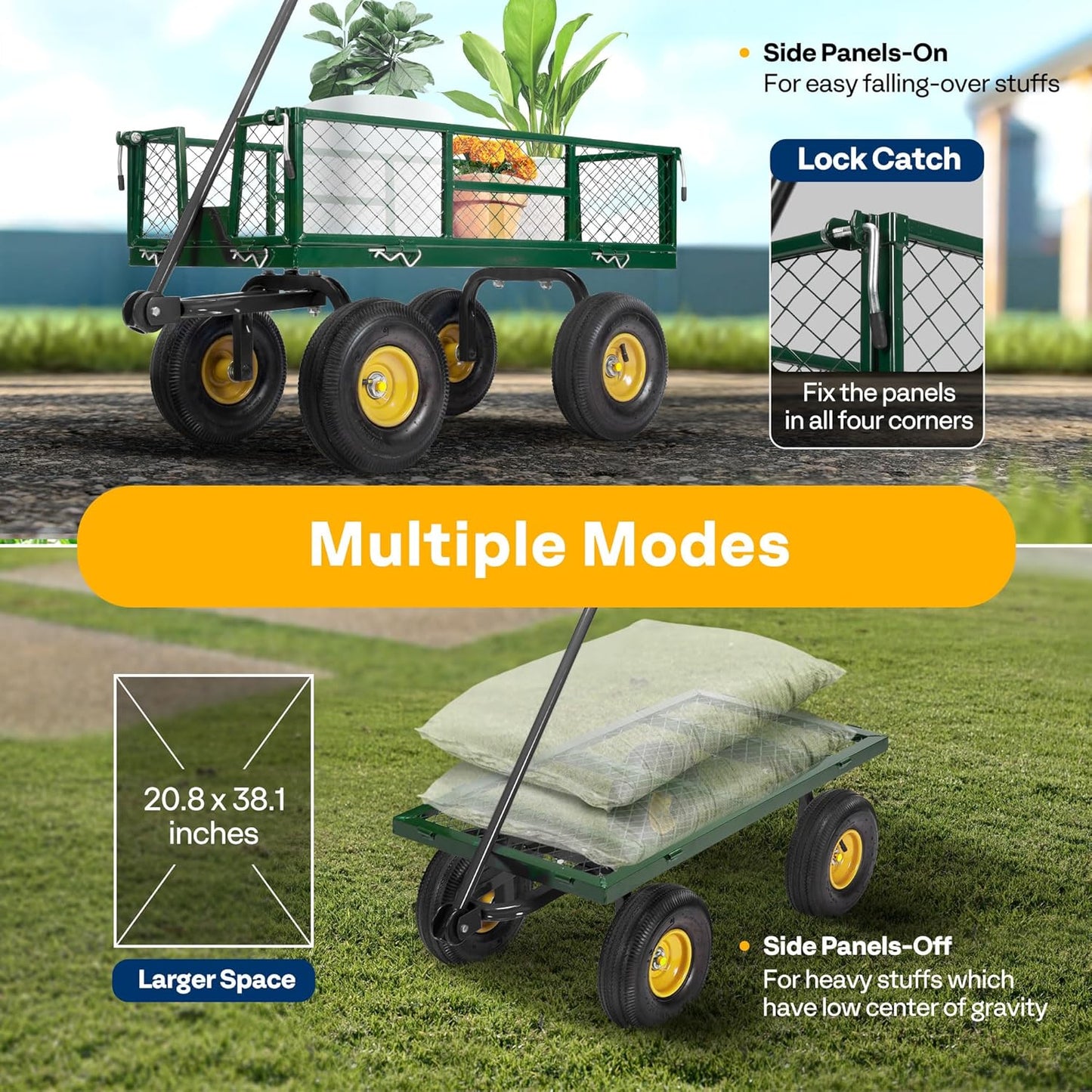 VIVOHOME Heavy Duty 880 Lbs Capacity Mesh Steel Garden Cart Folding Utility Wagon with Removable Sides and 4.10/3.50-4" Wheels 10 Inch Tire(Green)