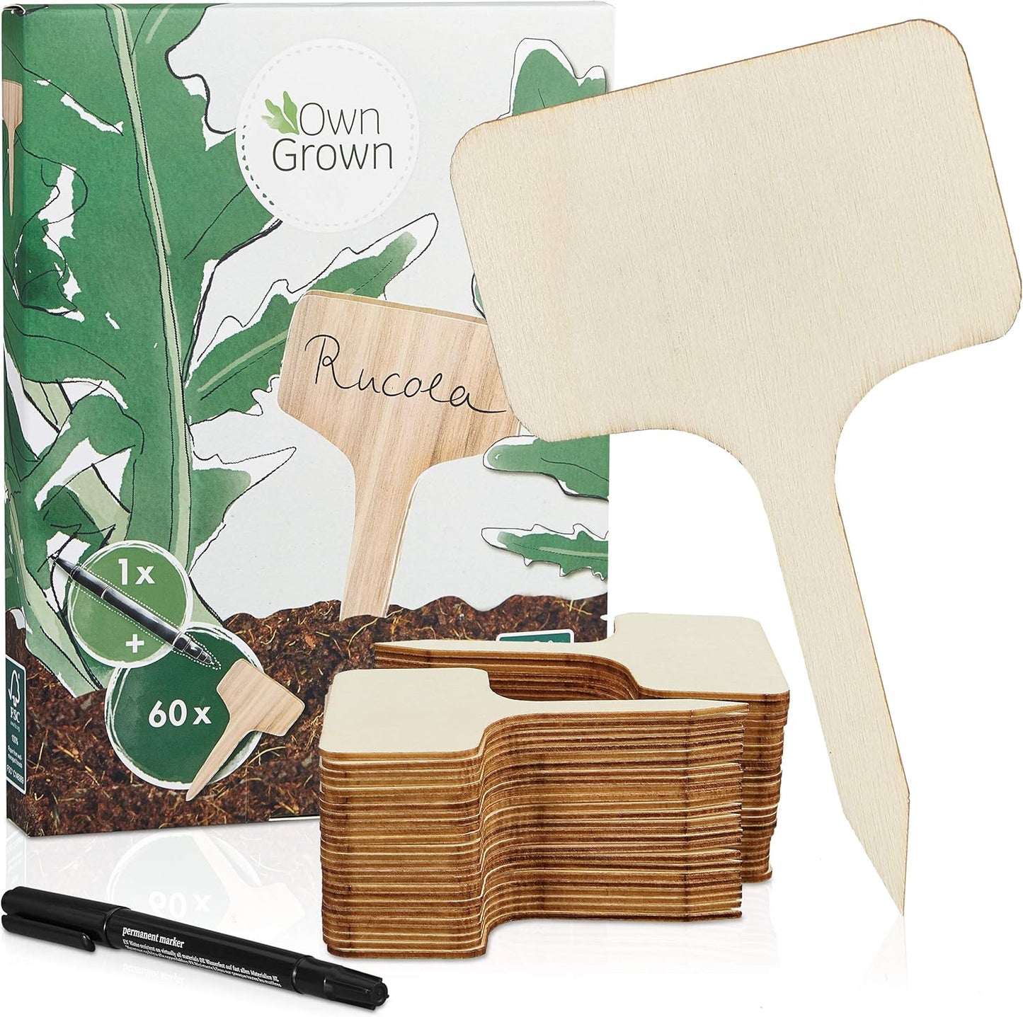 Wooden Plant Tags - 60 Labels and Marker Pen - Wooden Garden Sign for Identification - Seedling Tags for Gardening, Garden Stakes for Potted Plants, Herbs, Vegetables - 4"x2.4"