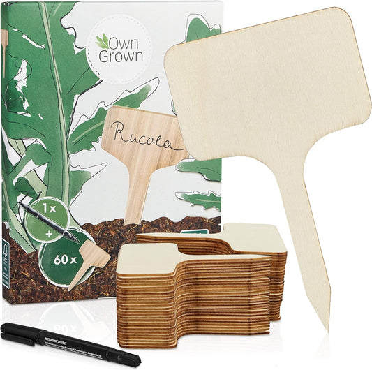 Wooden Plant Tags - 60 Labels and Marker Pen - Wooden Garden Sign for Identification - Seedling Tags for Gardening, Garden Stakes for Potted Plants, Herbs, Vegetables - 4"x2.4"