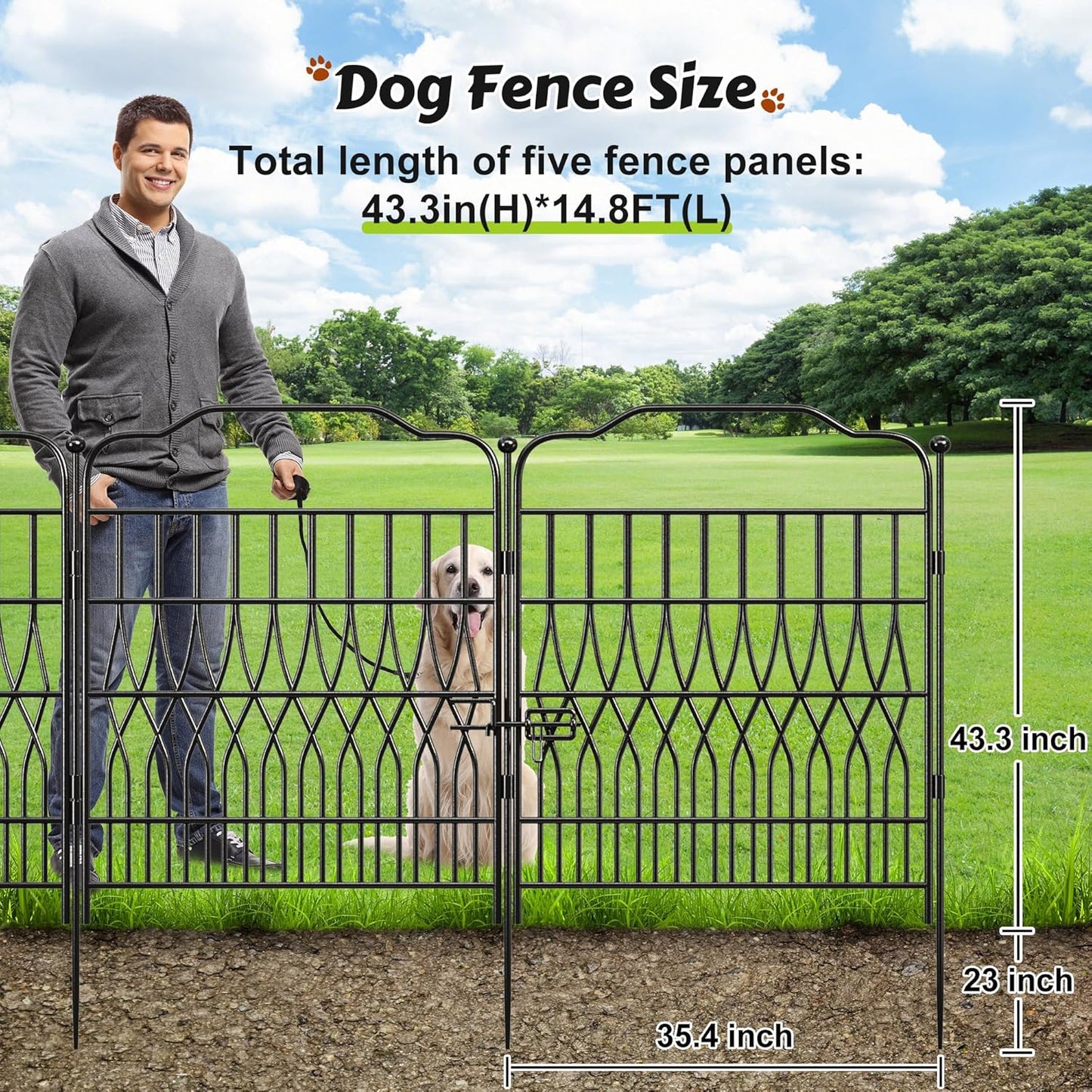 Bepatio 5 Panels Tall Garden Fence with Latch, 43.3in (H) x 14.8ft (L) Dog Fence Outdoor for Yard, Arc Metal Fencing Panels, Animal Barrier Fencing for Outdoor, Patio, Flower Bed