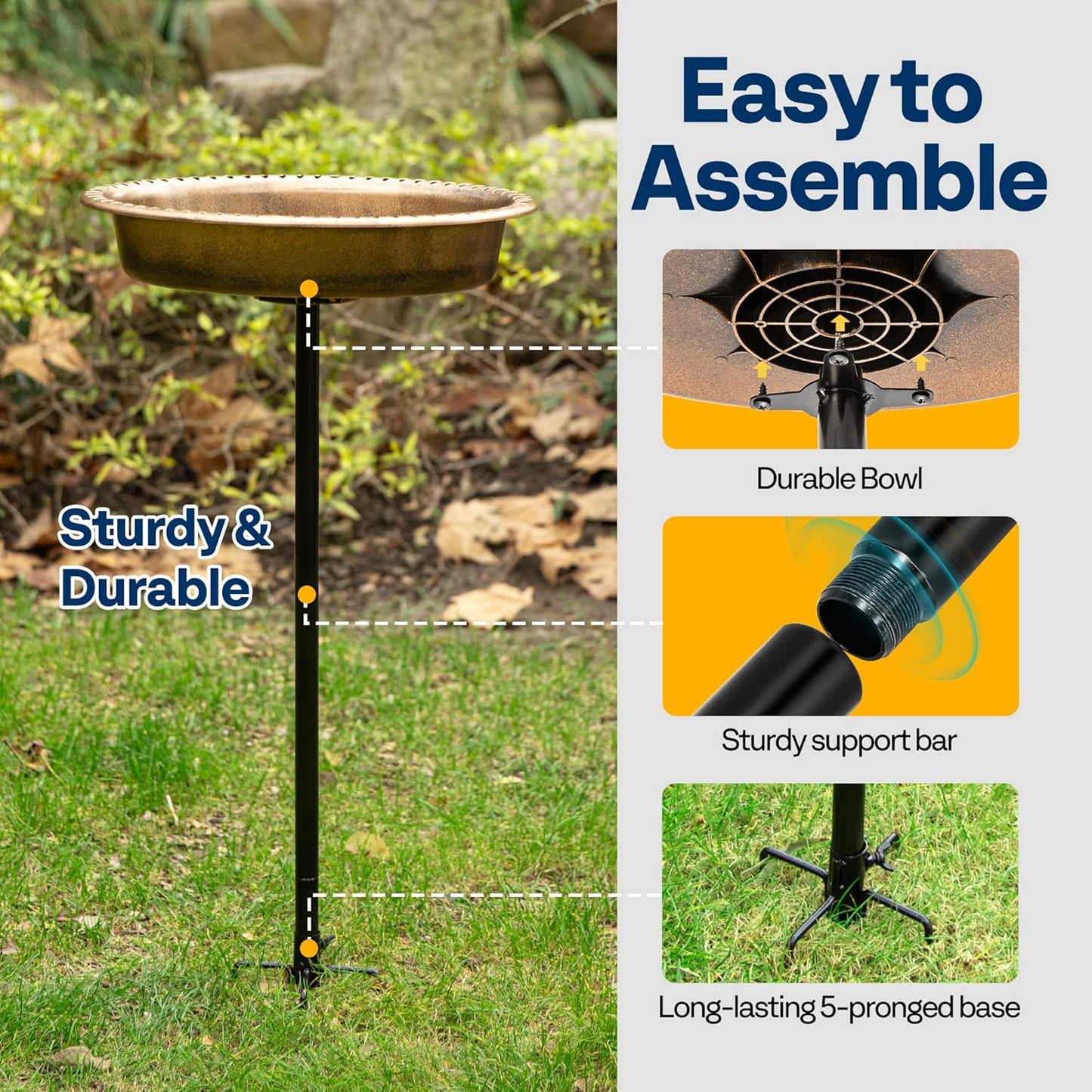 VIVOHOME Oval Polyresin Bird Bath Bowl with Metal Stake, 29 Inch Height Outdoor Freestanding Birdfeeder, Capacity 1.3 Gallons, 5-Pronged Base, Copper