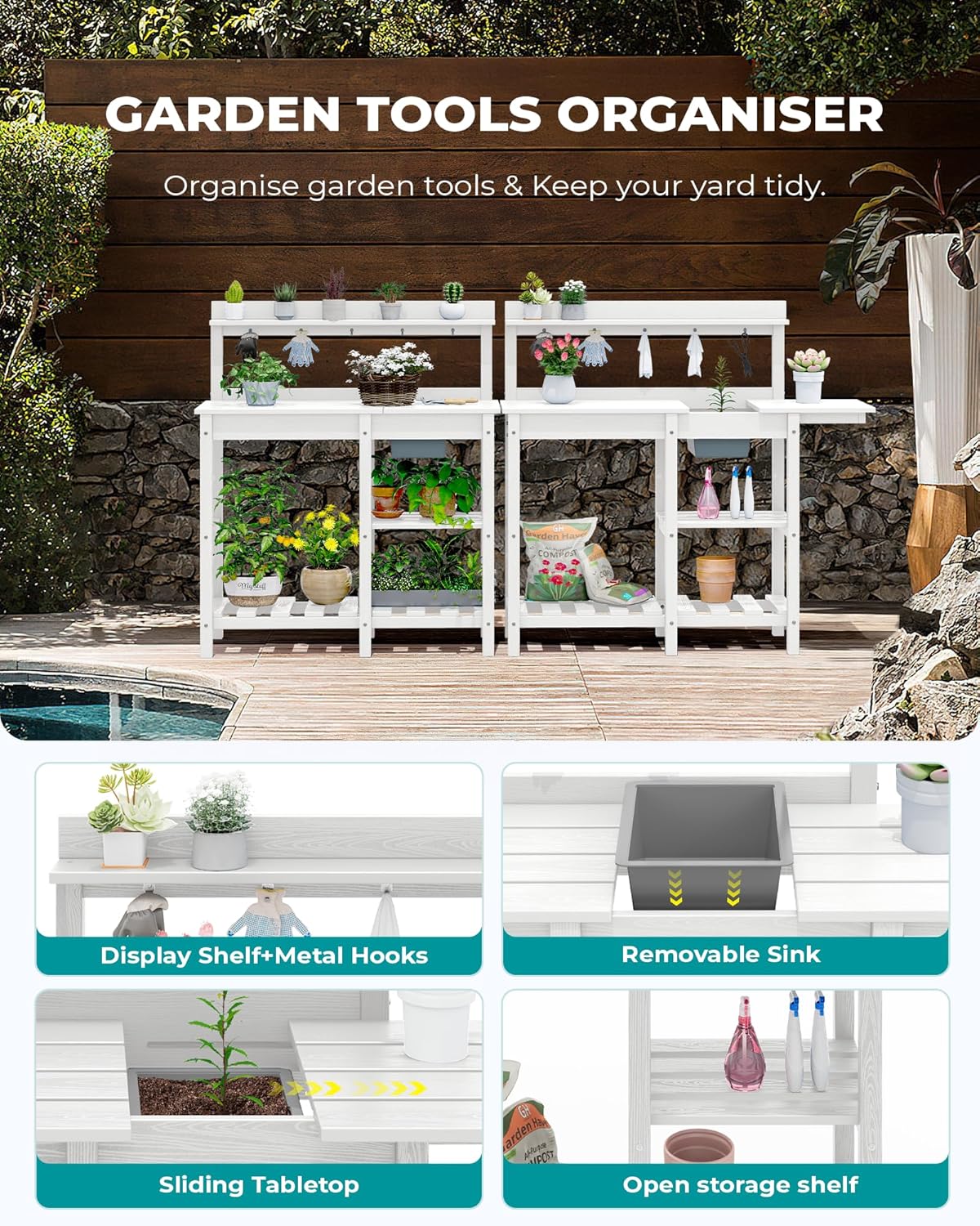 SERWALL Potting Table for Outside All Weather Use- White