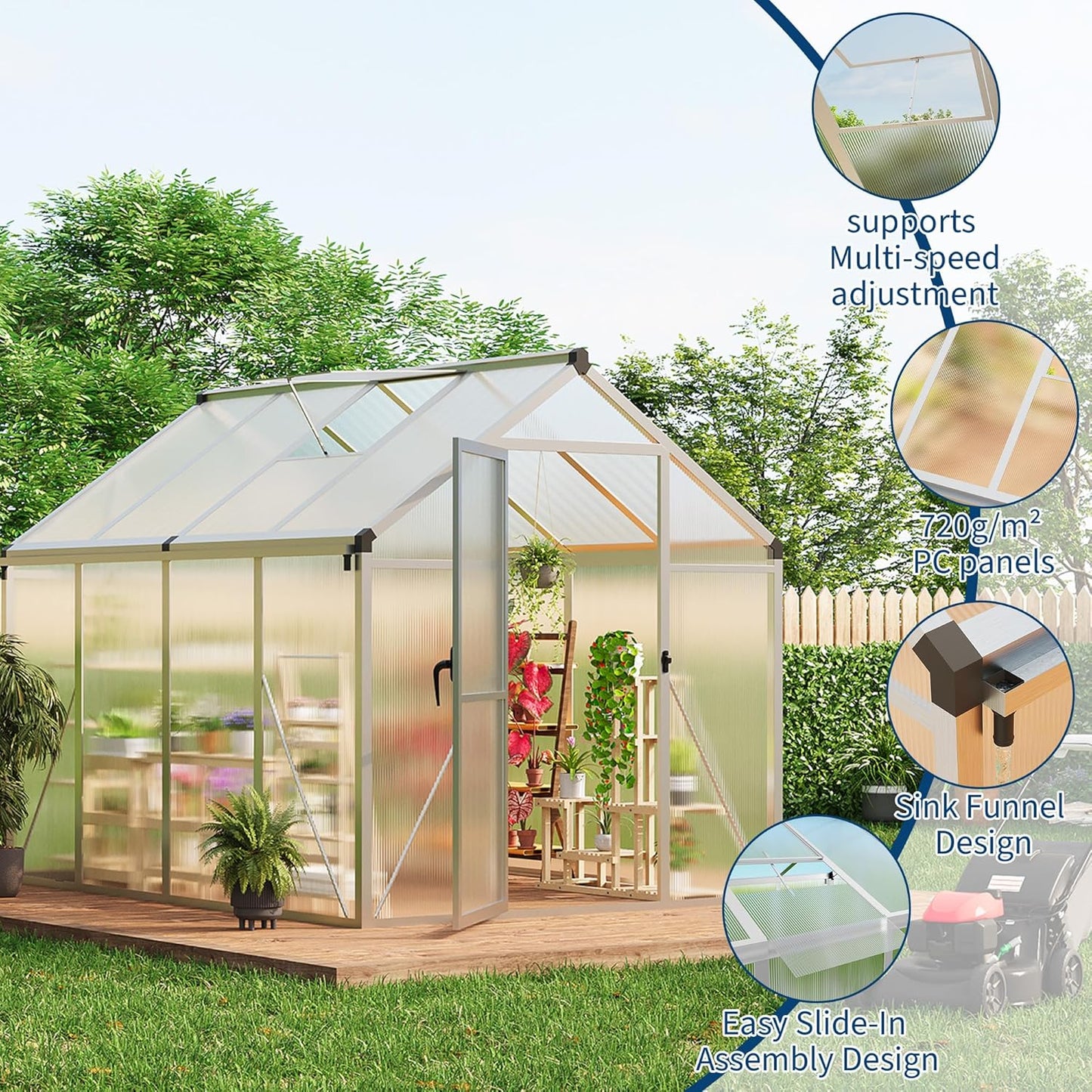 6x8 FT Greenhouse for Outdoors, Polycarbonate Flower Greenhouse with Roof Vent, Push-Pull Lockable Door, Aluminum Walk-in Greenhouses for Outside Garden Backyard, Patio, Lawn, Silver