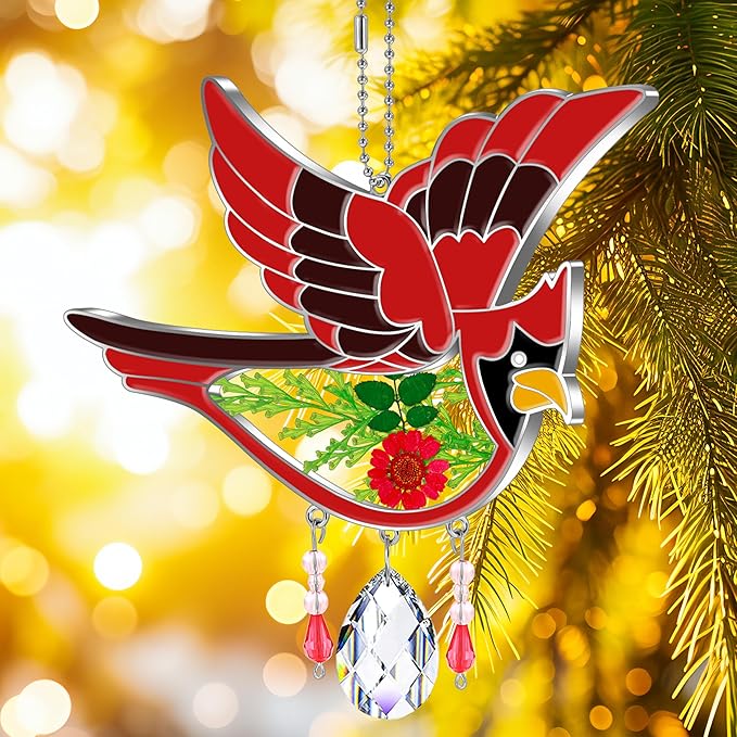 KY&BOSAM Cardinal Suncatcher Crystal Had Painted Glass Sun catchers Hangings for Windows Ornament with Pressed Real Flower and Heart Charm Birthday Gifts for Women Mom Mother's Day Christmas Mom Gifts