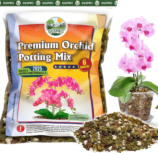 [Upgraded] DUSPRO Orchid Potting Mix for Repotting with Forest Moss, Pine Bark, Perlite & Pumice Natural Ingredients, Orchid Bark Potting Mix, Orchid Repotting Kit Drainage Indoor Potting Medium 6QT