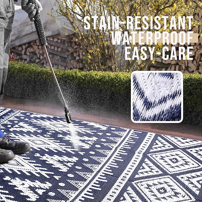OLANLY Outdoor Rug Waterproof 6x9 ft, Reversible Outdoor Plastic Straw Rug, Boho Patio Rug, Indoor Outdoor Carpet, RV Mat Outside for Patio, Camp, Picnic, Balcony, Deck, Backyard, Navy & White