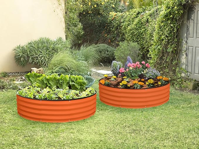 Round Galvanized Raised Garden Bed // 4×4×1 ft (2-Pack) Galvanized Raised Garden Beds Outdoor for Gardening, Vegetables, Flowers // Patented Tool-Free Design Round Planter (Orange)