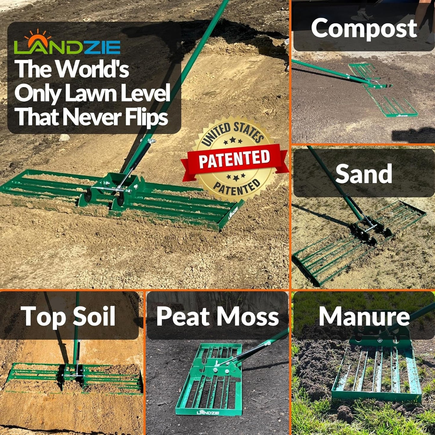 Landzie AeroLeveler - The Lawn Leveling Rake That Never Flips - Patented 36 inch Wide Pneumatic Lawn Level for Yard, Dirt, Soil, Sand, Provides Stability and Control Without Flipping Over