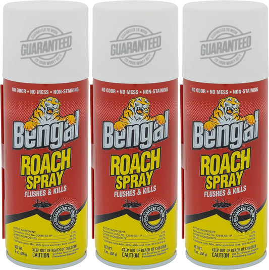 Bengal Roach Spray, Odorless Stain-Free Dry Spray, 3-Count, 9 Oz. Aerosol Cans
