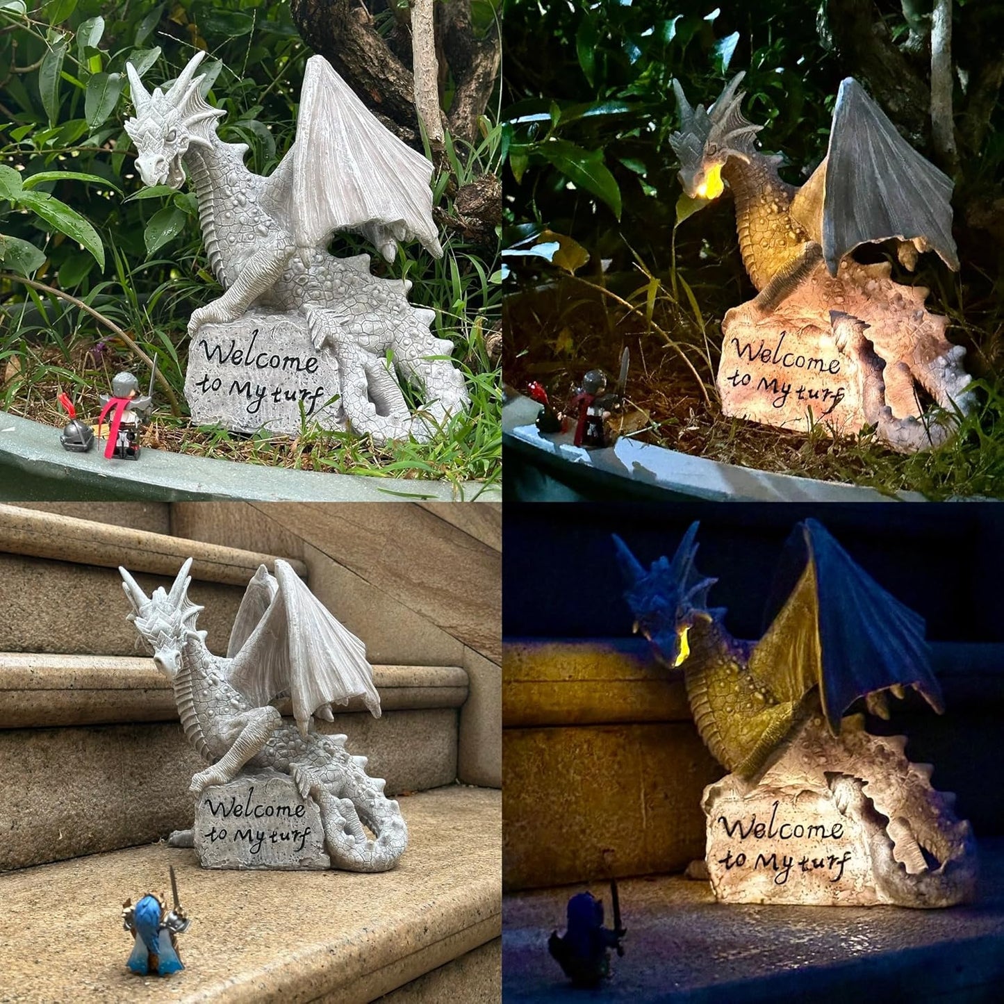 Garden Large Dragon Statue Solar Powered Outdoor Figurine Light The Dragonfire Welcome to My Turf Sign Big Resin Sculpture Home Decoration Housewarming Ornament Unique Gift