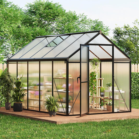 6x10 FT Greenhouse, Easy Assembly Aluminum Polycarbonate Greenhouses for Outdoors with Roof Vent and Ground Nails, Heavy Duty Aluminum Walk-in Greenhouse for Backyard, Sliding Lockable Door, Black