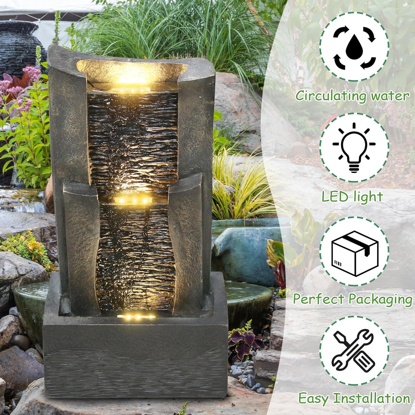 3-Tiers Outdoor Rock Water Fountain with LED Light, Standing Cascading Water Feature, Faux Stone Waterfalls Fountain Decor for Garden Patio Yard Lawn and Deck (Grey)