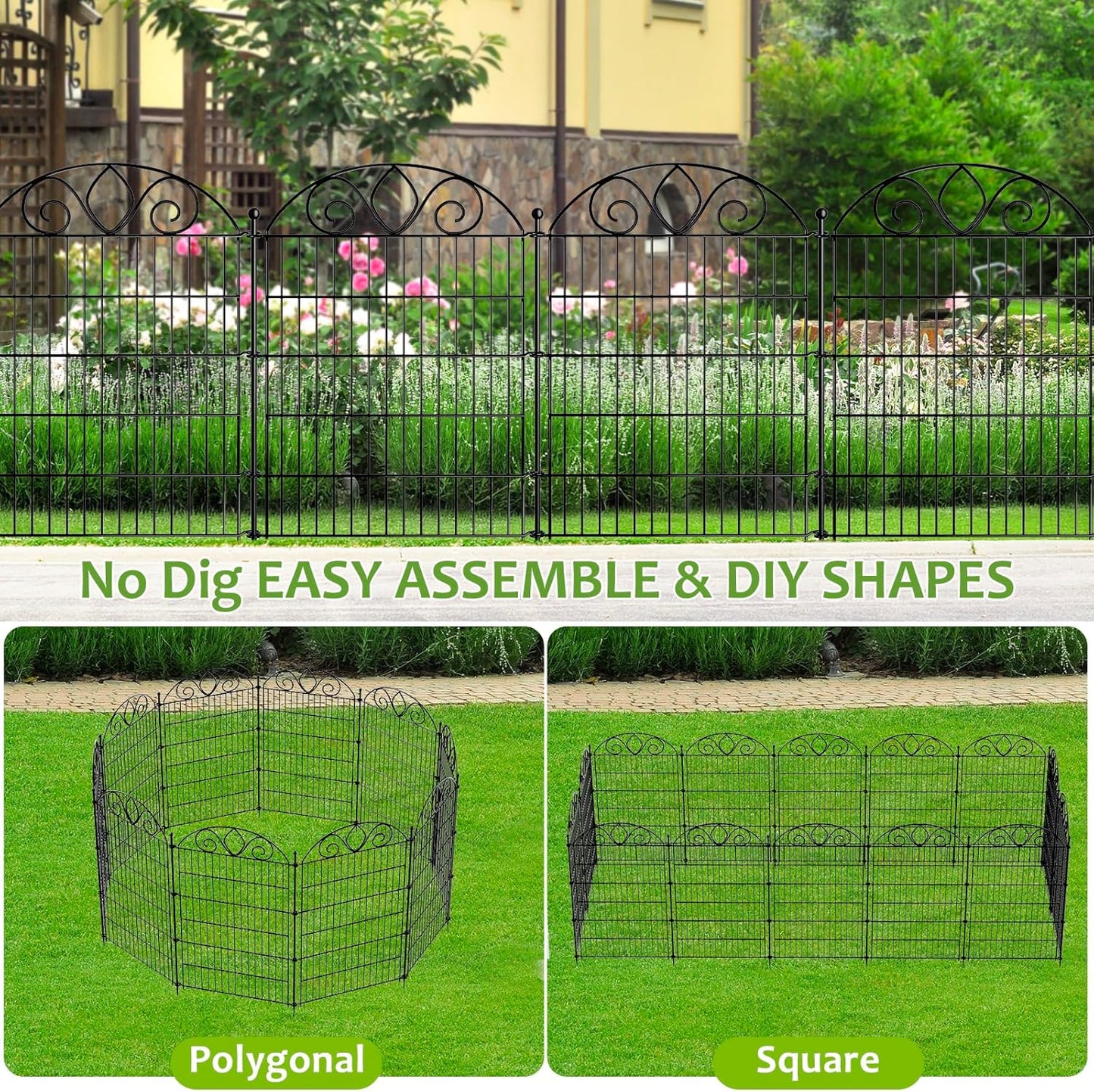 5 Panels No Dig Tall Garden Fence with Gate – 44" H X 11.8' L Rustproof Metal Dog Fence Outdoor for Yard, Decorative Animal Barrier Fence for Pet, Garden Border, Patio, Flower | Temporary Fencing