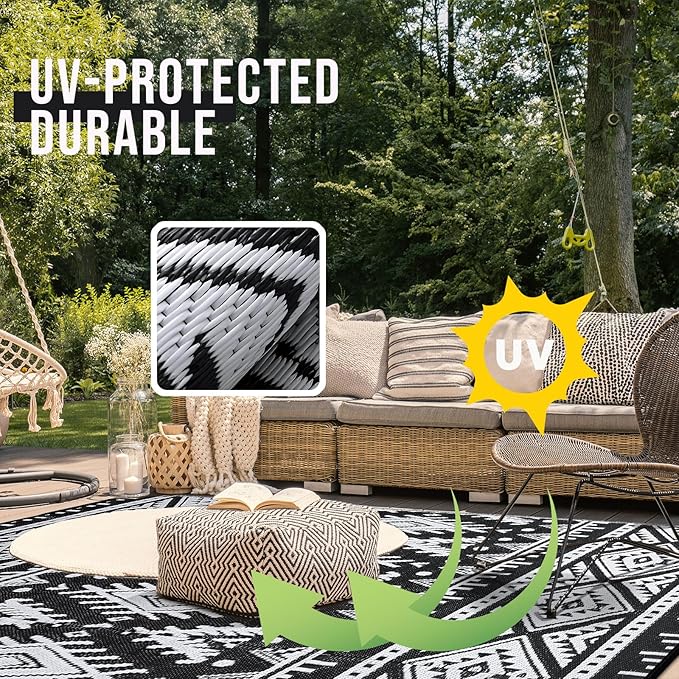 OLANLY Outdoor Rug Waterproof 6x9 ft, Reversible Outdoor Plastic Straw Rug, Boho Patio Rug, Indoor Outdoor Carpet, RV Mat Outside for Patio, Camp, Picnic, Balcony, Deck, Backyard, Black & White