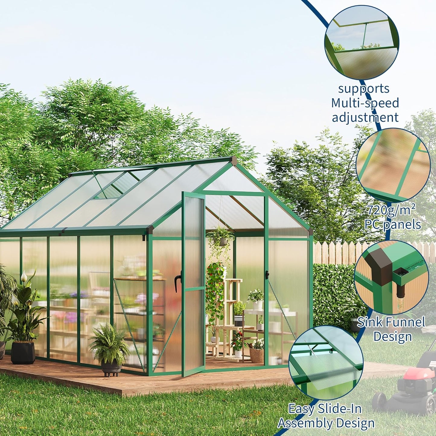 6x10 FT Greenhouse for Outdoors, Polycarbonate Flower Greenhouse with Roof Vent, Push-Pull Lockable Door, Aluminum Walk-in Greenhouses for Outside Garden Backyard, Patio, Lawn, Green