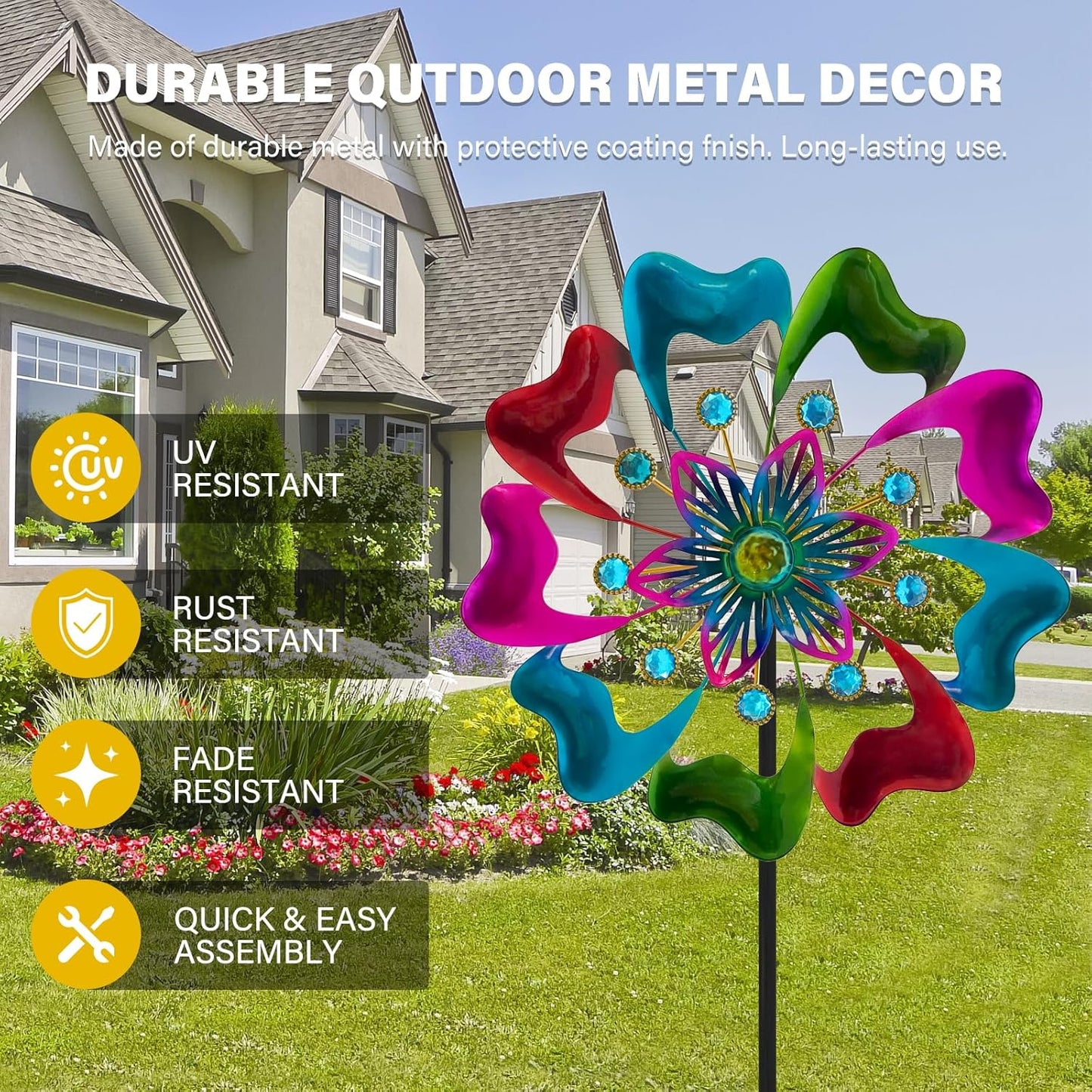 45" Flowers Wind Spinners for Yard and Garden, Sapphire Colored Leaves Kinetic Wind Spinner Outdoor Decor, Wind Sculpture Yard Art Decorations for Patio, Lawn & Garden