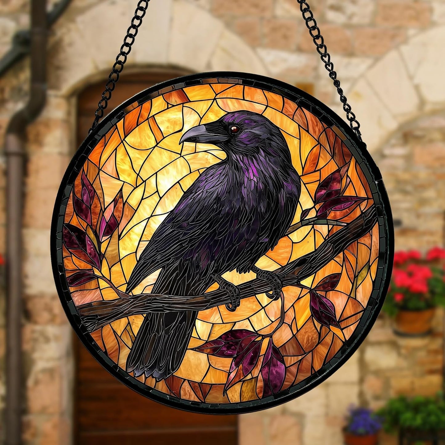 Stained Glass Window Hanging - Crow on a Branch Suncatcher Ready to Hang Window Doors Home Decoration and Christmas, Mother's Day Birthday Gifts for Women, Men, and Mom 11.8x11.8 in