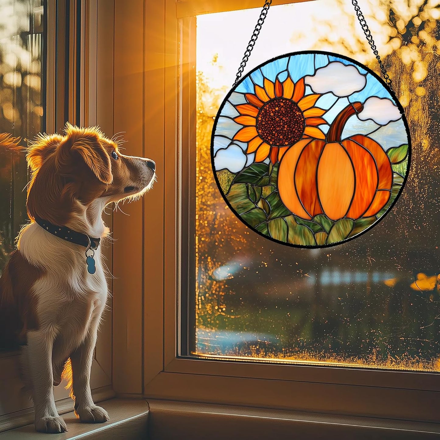 Stained Glass Window Hanging Fall Farm Scenery Sunflower Pumpkin 6.3" - Suncatcher Door Garden Kitchen Sunroom Sun Catcher Home Decor Birthday for Mom Grandma Men Woman