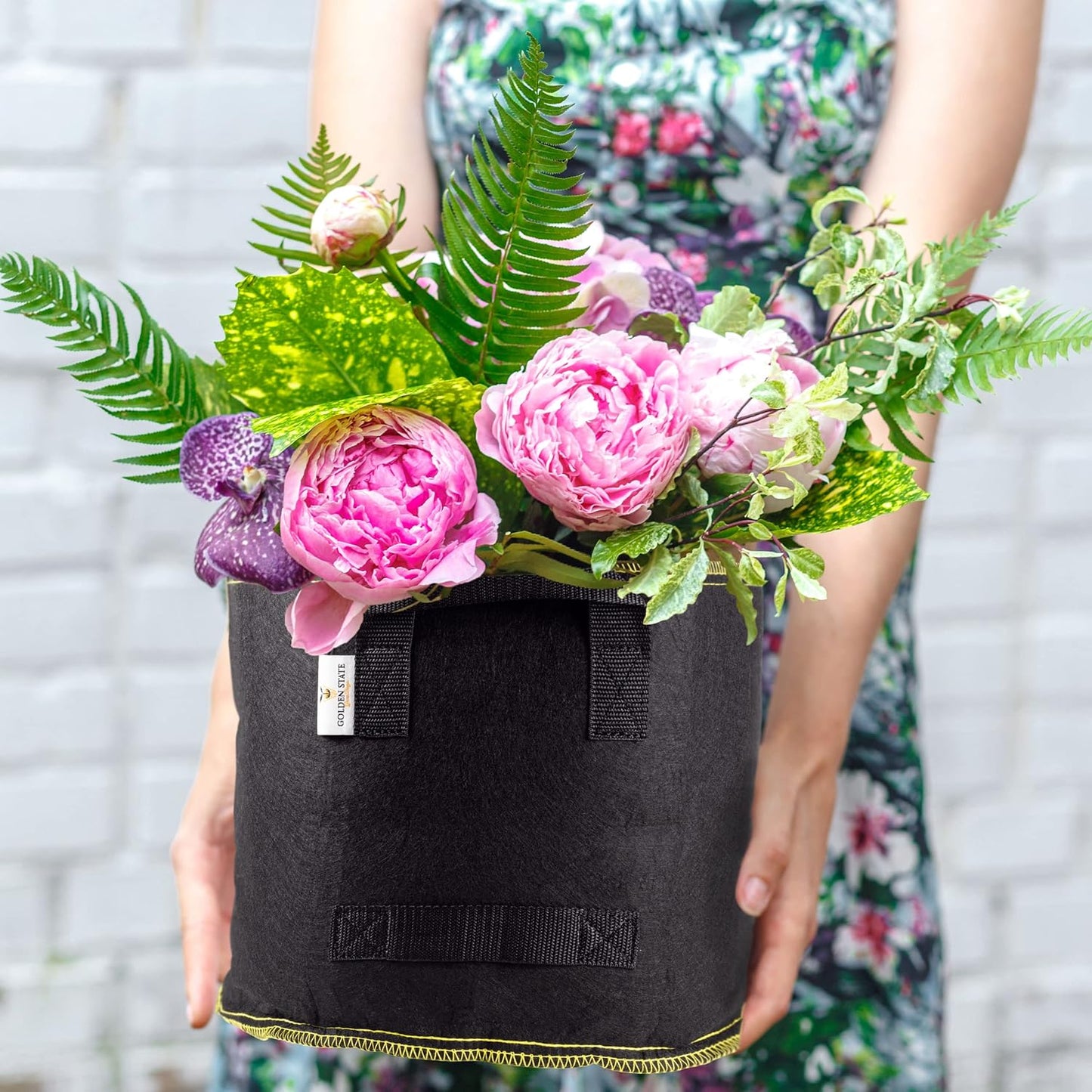 Grow Bags: 5-Pack (Size: 20 Gallon): 300gsm Black Felt Fabric w/Yellow Stitch, Biodegradable and eco-Friendly Material. (Handles + Dumping Handles-pat.Pend).