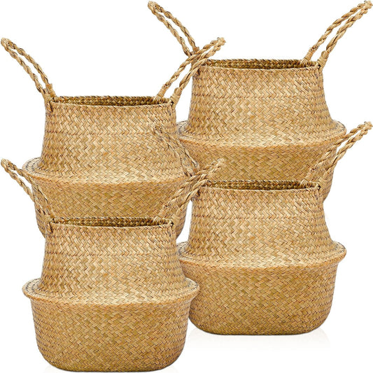 Qunclay Woven Seagrass Baskets Belly Basket Folding Boho Natural Plant Pot with Handles Round Decorative Wicker Large Indoor Planter for Home Outdoor Tree Planters Decor(12 x 11 Inch, 4 Pcs)