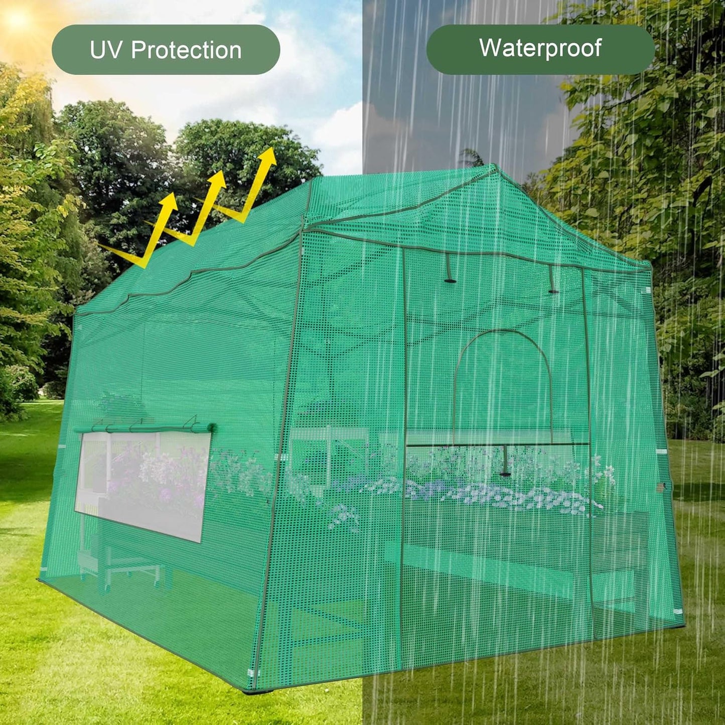 8.5 x 7 FT Walk-in Greenhouse, Portable Pop-up Green House 3 Adjustable Hights Heavy Duty Plant Gardening Canopy with Durable PE Cover for Indoor Outdoor (Clear and Green)