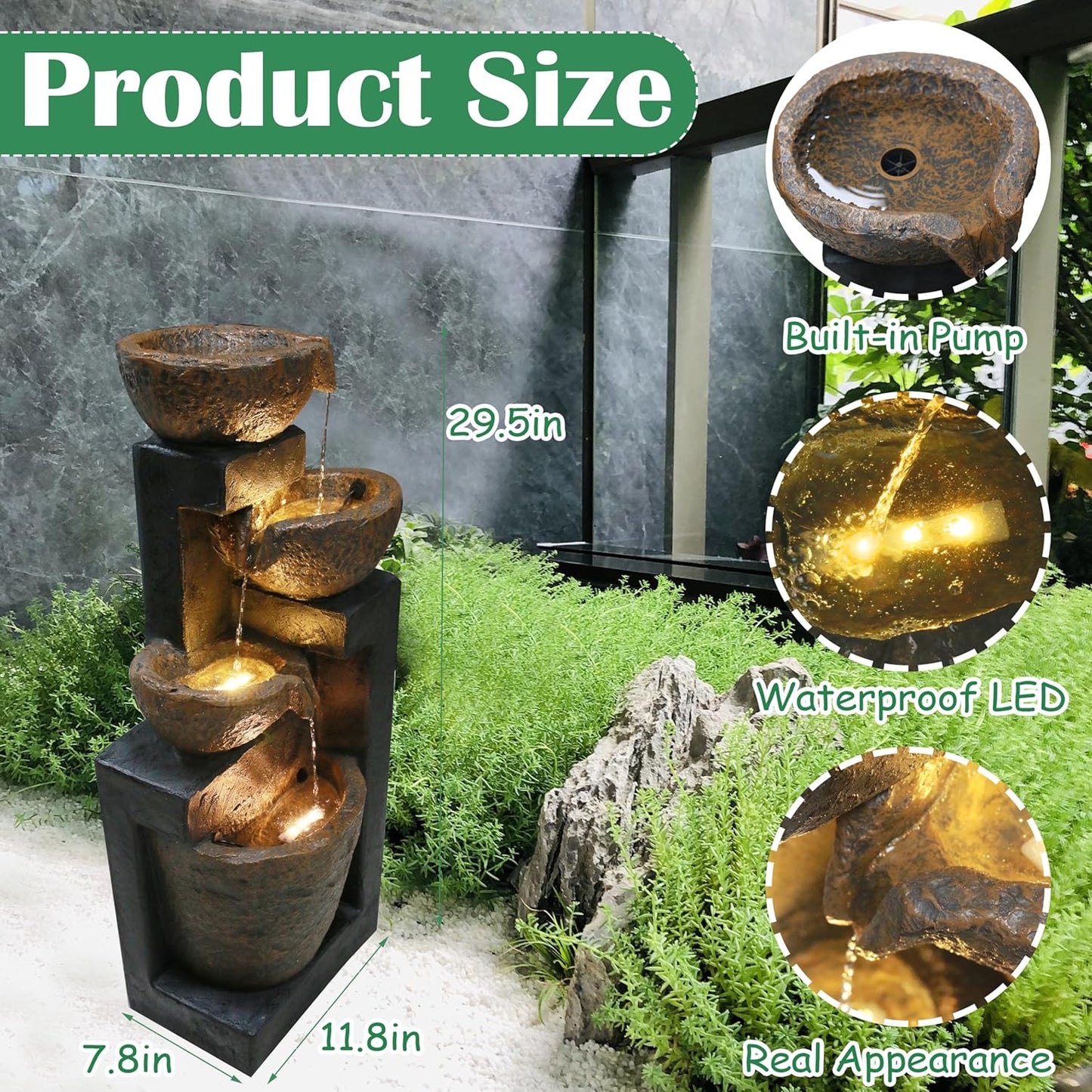 4-Tiers Cascading Bowls Outdoor Water Fountain with LED Light, Standing Cascading Water Feature, Faux Stacked Stones Waterfalls Fountains Decor for Garden Patio Yard and Lawn (Beige)