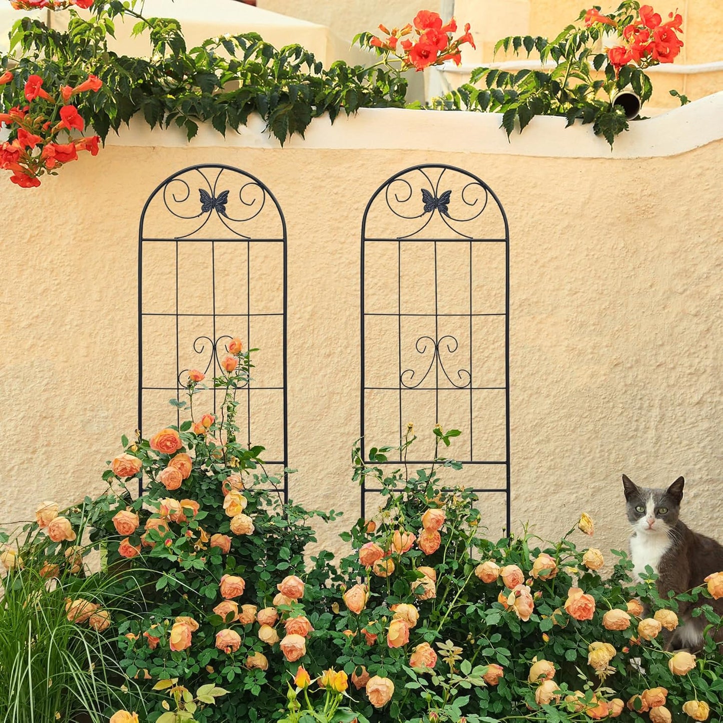 8 Pack Metal Garden Trellis for Climbing Plants, 86.7" Tall Rustproof Outdoor Trellis Panel with Line Butterfly Design, Decorative Black Iron Plant Support for Vine, Rose, Flower, Garden Wall