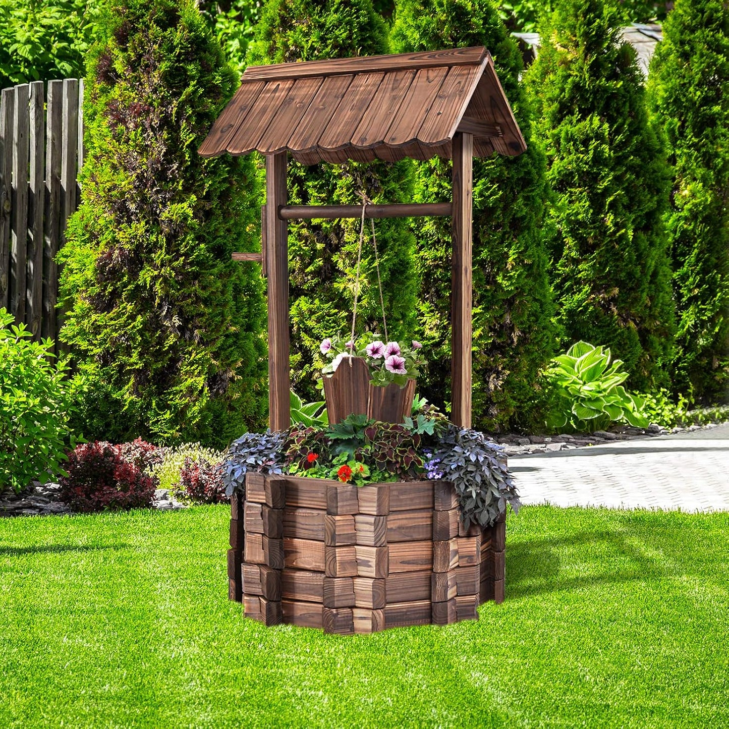 Giantex Rustic Wooden Wishing Well Planter with Hanging Bucket and Roof, Flower Plants Planter Wishing Wells for Outdoors Backyard Patio Garden Lawn Outside Decor