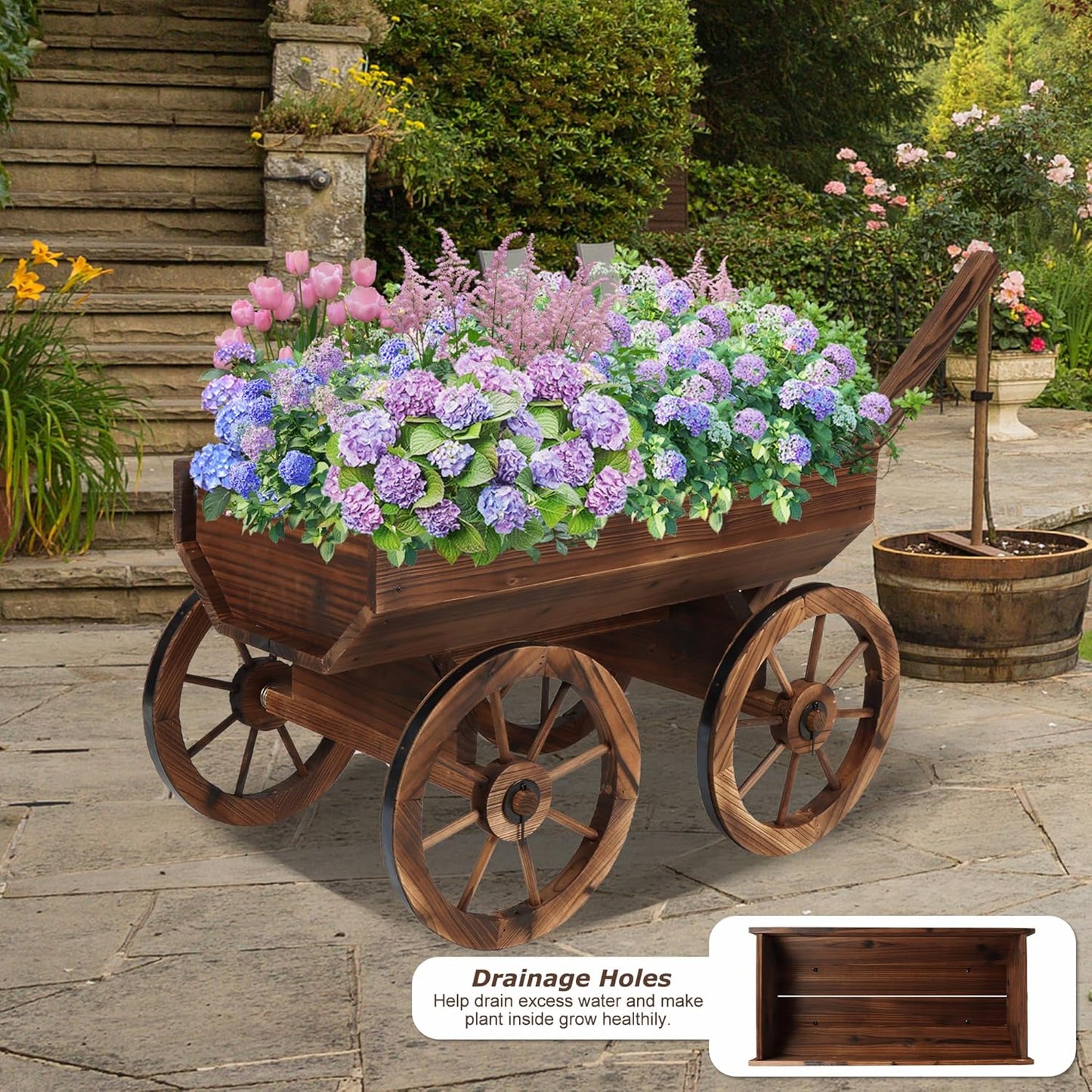 Garden Wooden Decor Rustic Flower Pot,Planters Wagon Indoor Outdoor Backyard Balcony Decor,for Outside Garden Decor Wheelbarrow Planter for Patio (Wooden Wagon with Light)