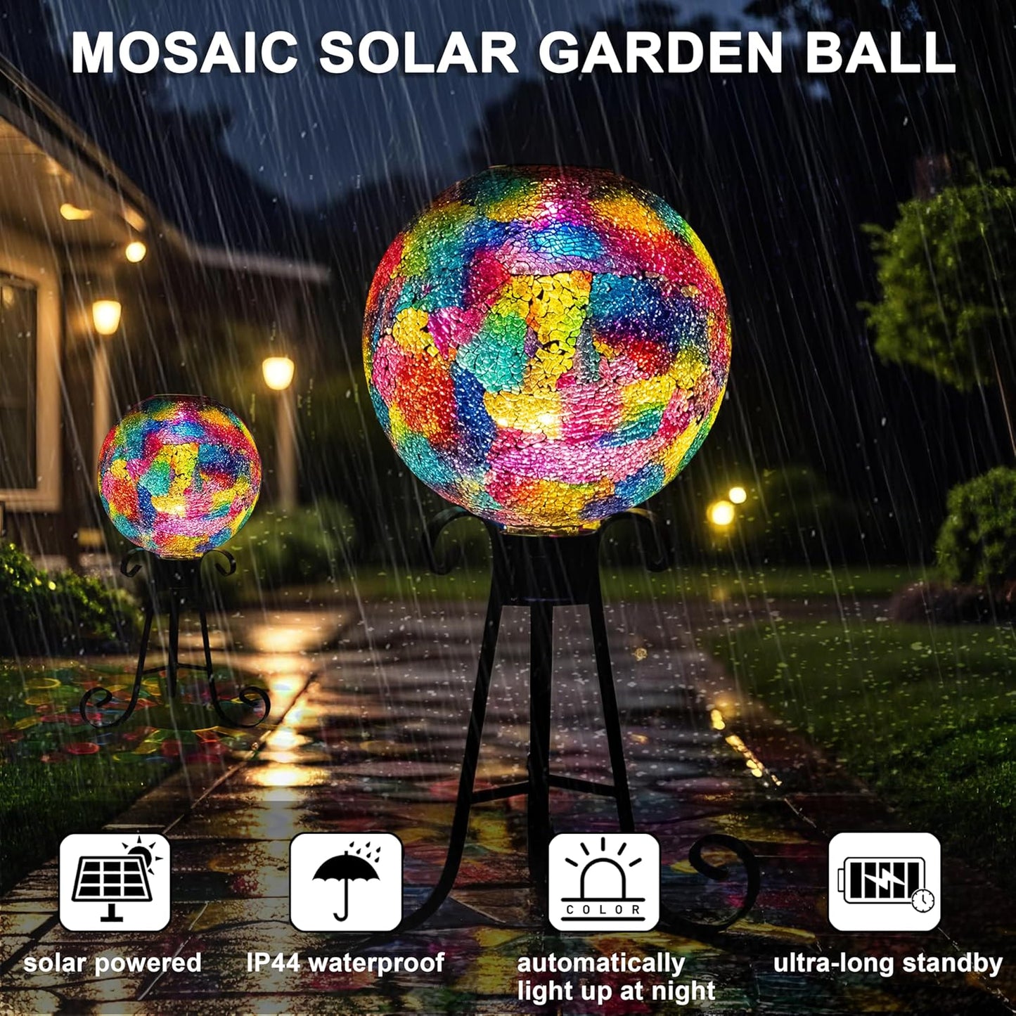 VOREEN Mosaic Solar Glass Gazing Ball, 10 Inch Colorful Gazing Globe, Handmade IP44 Waterproof Garden Decor Outdoor Ornament Sphere for Patio Lawn Yard, Gift for Mom Wife Friend