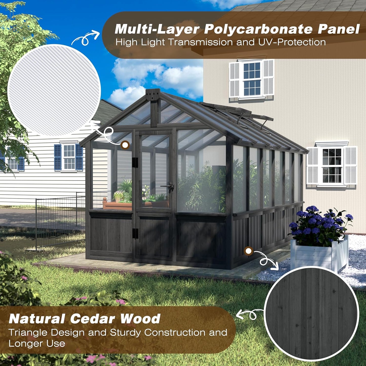 MUPATER 6' x 12' Walk-in Wooden Polycarbonate Greenhouse with Ventilated Window & Lockable Door, Multi-Layer PC Panels for UV Protection, Greenhouse Kit for Outdoor, Garden and Backyard, Black