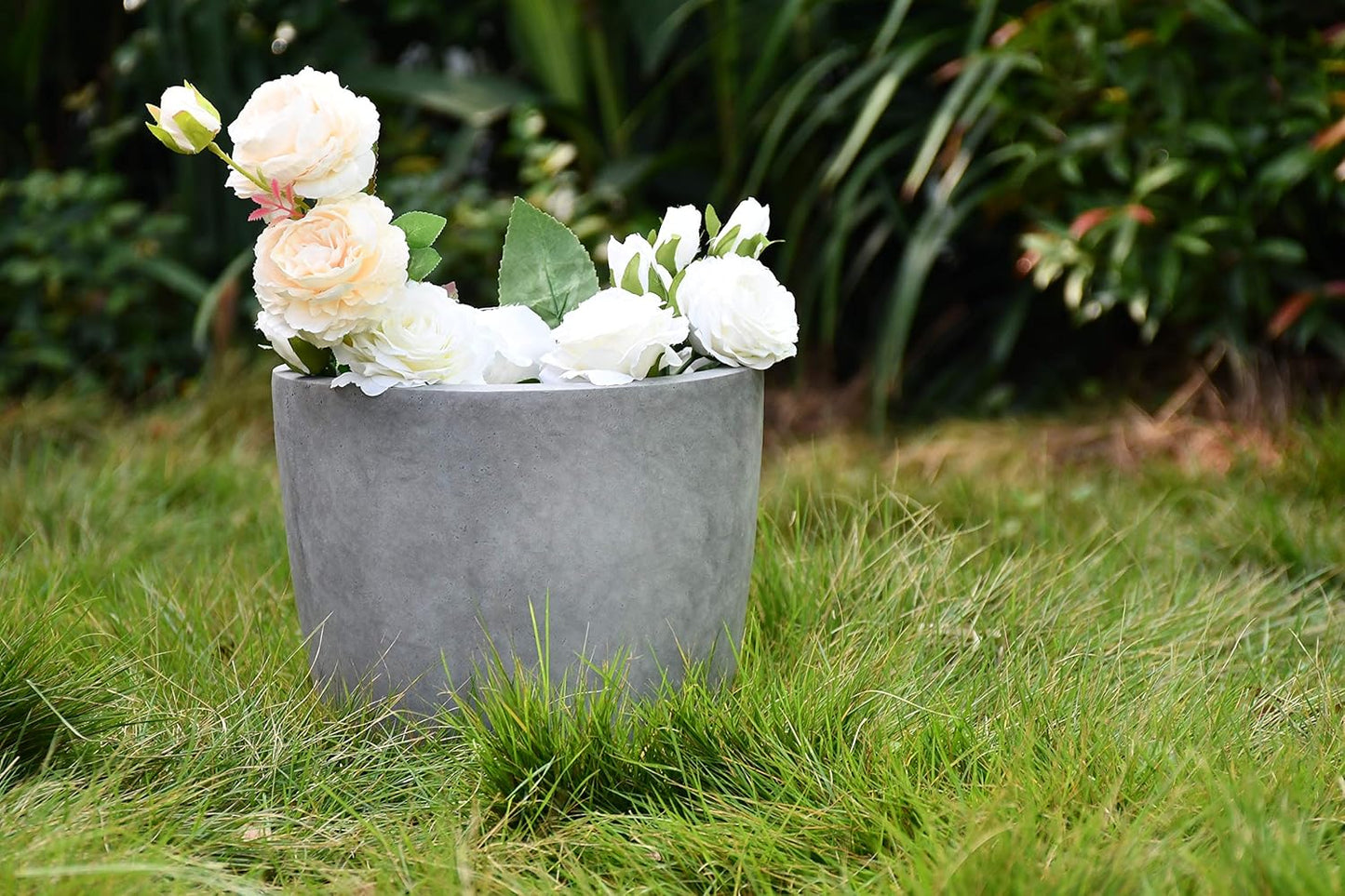 Kante 14 Inch Dia Round Concrete Planter, Indoor Outdoor Large Plant Pot with Drainage Hole and Rubber Plug for Home Patio Garden, Natural Concrete